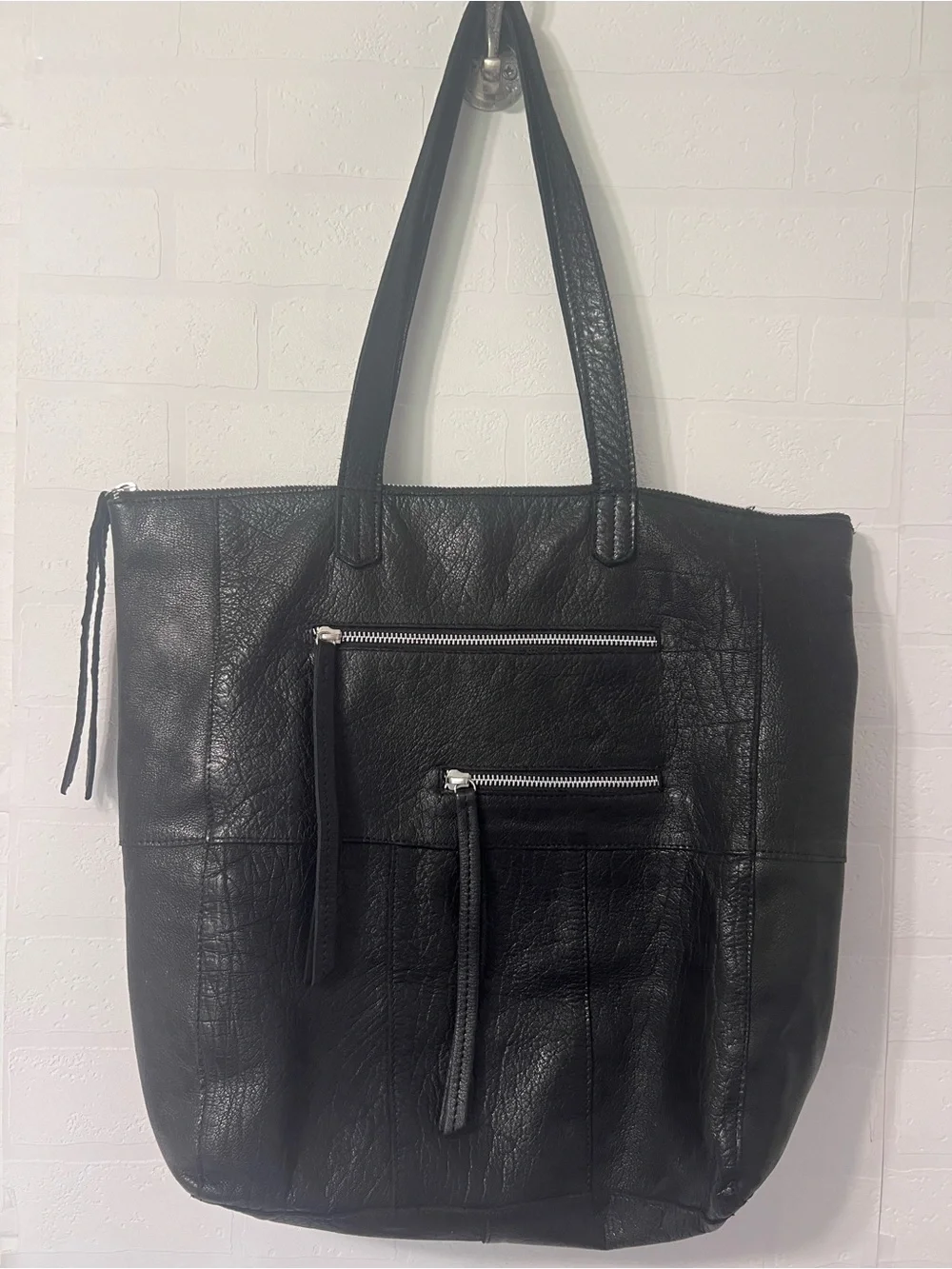 Day & Mood Anthropologie Heather Black Leather Moto Tote Bag Front Zip Pockets